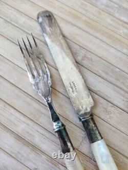 Antique Knife Meat Set Silver Steel Box Abbey Forks Serving Mother Pearl 20th