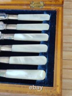 Antique Knife Meat Set Silver Steel Box Abbey Forks Serving Mother Pearl 20th