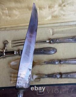 Antique Meat Set Silver Steel Box Knife Forks Serving Spoon Rare Old 20th