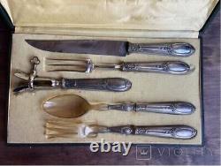 Antique Meat Set Silver Steel Box Knife Forks Serving Spoon Rare Old 20th