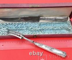 Antique Meat Set Steel Silver France DEPOSE Box Knife Forks Wood Rare Old 20th