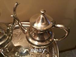 Antique Meriden Co 4 Pc Etched Silverplate Tea Coffee Set With 15 Cut Out Tray