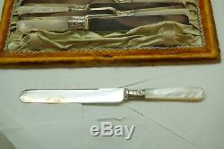 Antique Mother Of Pearl Flatware Knives Set 12pc Velvet Case Silver Victorian