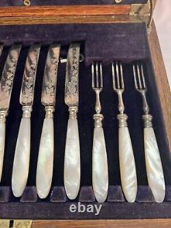Antique Ornate Mother Of Pearl Silverware Fork Knife Wood Box Set G. Byran & Co