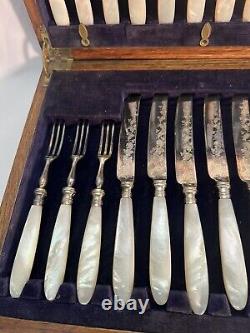 Antique Ornate Mother Of Pearl Silverware Fork Knife Wood Box Set G. Byran & Co