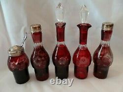 Antique Pairpoint Castor Condiment Cruet Set 6 pc Ruby Cut To Clear