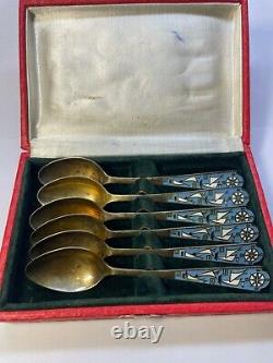 Antique Russian Silver 875 Tea spoon ENAMELED, set 6 items