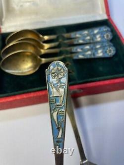 Antique Russian Silver 875 Tea spoon ENAMELED, set 6 items