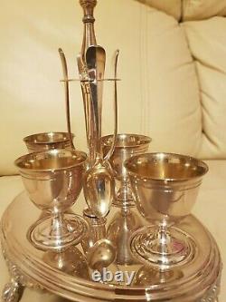 Antique Set of 4 Silver Plated Egg Cups with Spoons and Stand