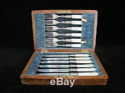 Antique Sheffield MOTHER of PEARL Silverplate Fish Fork Knife Set of 12 in Case
