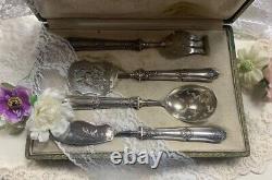 Antique Silver Plated Dessert Set France Box Spoon Fork Knife Scoop Rare Old 19c