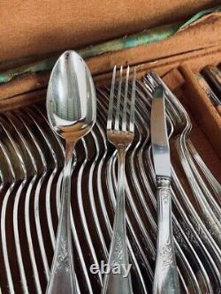 Antique Silver Plated Dinner Serving Set Case France Wood Knife Spoons Fork 20th