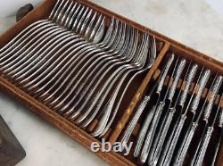 Antique Silver Plated Dinner Serving Set Case France Wood Knife Spoons Fork 20th