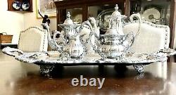 Antique Silver on Copper Coffee Tea Set Shell Pattern 30.5 Tray