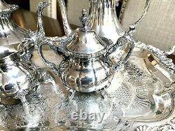 Antique Silver on Copper Coffee Tea Set Shell Pattern 30.5 Tray
