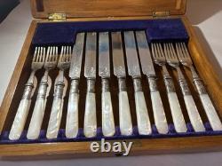 Antique Silverplate Levesley Bros Set 12 Mother Of Pearl Dessert Cutlery w BOX