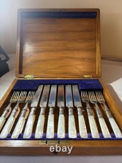Antique Silverplate Levesley Bros Set 12 Mother Of Pearl Dessert Cutlery w BOX