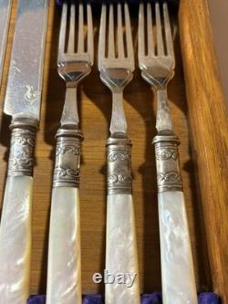Antique Silverplate Levesley Bros Set 12 Mother Of Pearl Dessert Cutlery w BOX