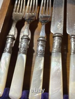 Antique Silverplate Levesley Bros Set 12 Mother Of Pearl Dessert Cutlery w BOX