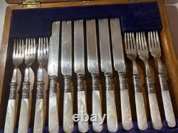 Antique Silverplate Levesley Bros Set 12 Mother Of Pearl Dessert Cutlery w BOX