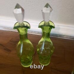 Antique Thumbprint Green Glass Cruet Condiment Complete 5 Bottle Revolving Set