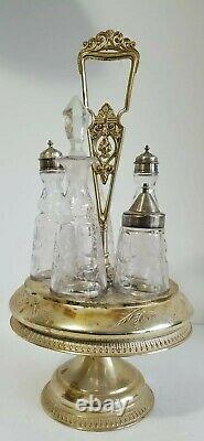 Antique Victorian Era Silverplate Cruet Set With 5 Etched Condiment Bottles