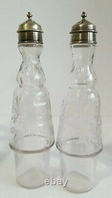 Antique Victorian Era Silverplate Cruet Set With 5 Etched Condiment Bottles
