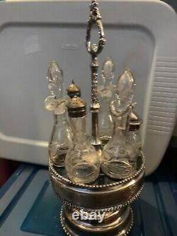 Antique Victorian Silver Plate Cruet Condiment Set Caddy With Etched Glassed
