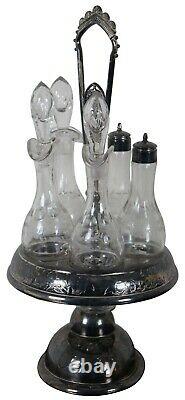 Antique Victorian Silver Plated Etched Cruet Condiment Set Footed Caddy 16