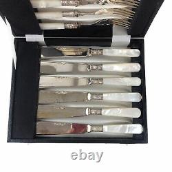 Antique Victorian Silverplated Mother Of Pearl MOP Boxed Fruit Fish Set 12 Piece
