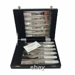 Antique Victorian Silverplated Mother Of Pearl MOP Boxed Fruit Fish Set 12 Piece