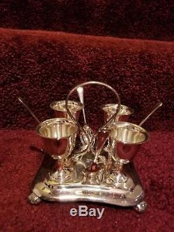 Antique silver plate MH&CO 4 egg cups with spoon set and stand with handle