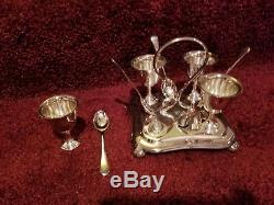 Antique silver plate MH&CO 4 egg cups with spoon set and stand with handle