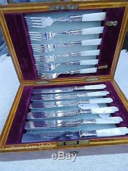 Antique silverplate Mother of Pearl Handle DESSERT SET for 6
