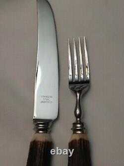 BIRKS Genuine Stag Antler Knife & Fork Set (6) SHEFFIELD Stainless Steel RARE