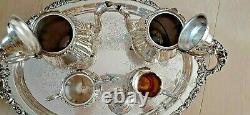 Baroque by Wallace Silver Plate Coffee & Tea Set & a Huge Serving Tray 5 pc