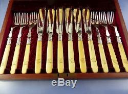 Bovine Bone Handle & Silver Plate Fish Knife & Fork Set 12 Boxedby Joseph Elliot