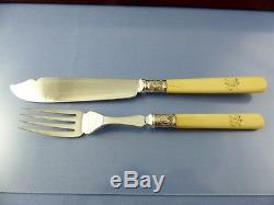 Bovine Bone Handle & Silver Plate Fish Knife & Fork Set 12 Boxedby Joseph Elliot