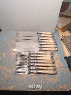 CIVIL WAR ERA Beaver Falls BONE HANDLE 3-Tine Forks & Knives Silverware, 14 Set