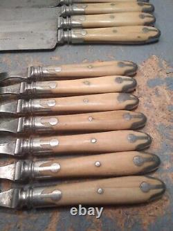 CIVIL WAR ERA Beaver Falls BONE HANDLE 3-Tine Forks & Knives Silverware, 14 Set