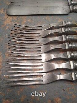 CIVIL WAR ERA Beaver Falls BONE HANDLE 3-Tine Forks & Knives Silverware, 14 Set