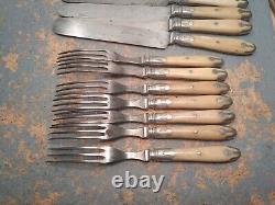 CIVIL WAR ERA Beaver Falls BONE HANDLE 3-Tine Forks & Knives Silverware, 14 Set