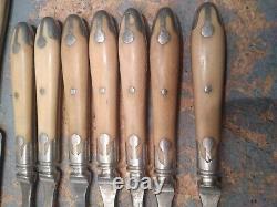 CIVIL WAR ERA Beaver Falls BONE HANDLE 3-Tine Forks & Knives Silverware, 14 Set