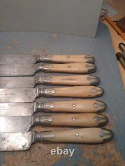 CIVIL WAR ERA Beaver Falls BONE HANDLE 3-Tine Forks & Knives Silverware, 14 Set