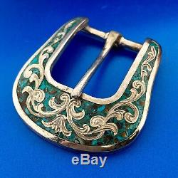 Chet Vogt Silver Plate Mexico Artisan Turquoise Mosaic Inlay 3 Piece Buckle Set