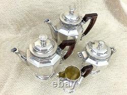 Christofle French Art Deco Silver Plated Tea Set Teapot Coffee Pot Sugar Wooden