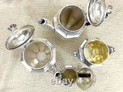 Christofle French Art Deco Silver Plated Tea Set Teapot Coffee Pot Sugar Wooden