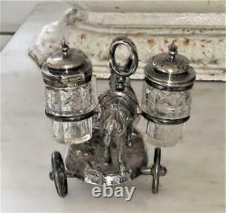 Enchanting Antique Novelty Silver Plate & Crystal Donkey with Paniers Cruet Set