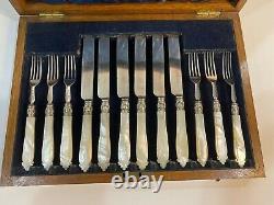 English Dessert Set 12 Mother of Pearl Silverplate Knives & Forks in wooden box