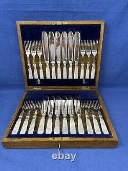 English Silver Plated & Mother Of Pearl Boxes Fish Set (12)